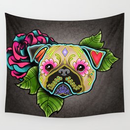 Pug in Fawn - Day of the Dead Sugar Skull Dog Wall Tapestry | Tan, Colorful, Dayofthedead, Skull, Fawn, Sugar, Candy, Mexican, Folkart, Mexico 