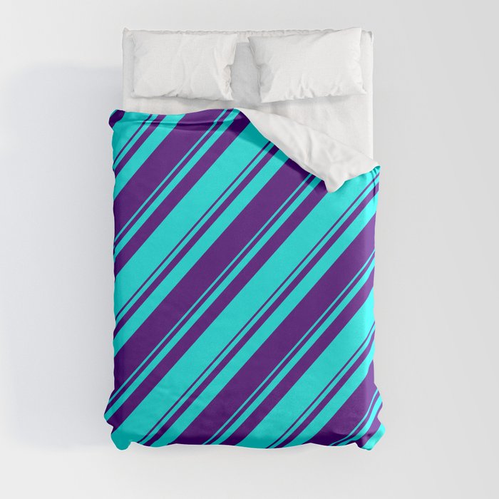 Aqua & Indigo Colored Lined/Striped Pattern Duvet Cover