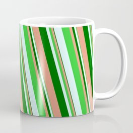 [ Thumbnail: Dark Green, Dark Salmon, Lime Green, and Light Cyan Colored Striped/Lined Pattern Coffee Mug ]