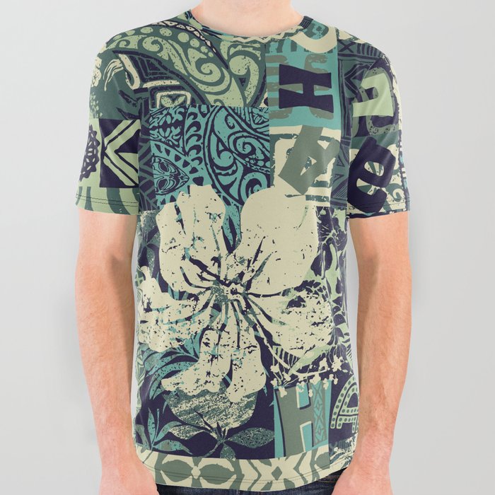 Hawaiian hibiscus and tribal element fabric patchwork abstract vintage vintage seamless pattern  All Over Graphic Tee