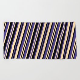 [ Thumbnail: Dark Slate Blue, Tan & Black Colored Pattern of Stripes Beach Towel ]