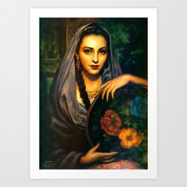 Painting of a Mexican Calendar Girl with Dark Shawl Art Print