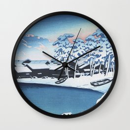 Snowy Dawn At The Port Of Ogi By Hasui Kawase - Vintage Japanese Woodblock Print Wall Clock | Ukiyoe, Woodcut, Boat, Japan, Asian, Woodblock, Winter, Japanese, Ukiyo E, Snow 