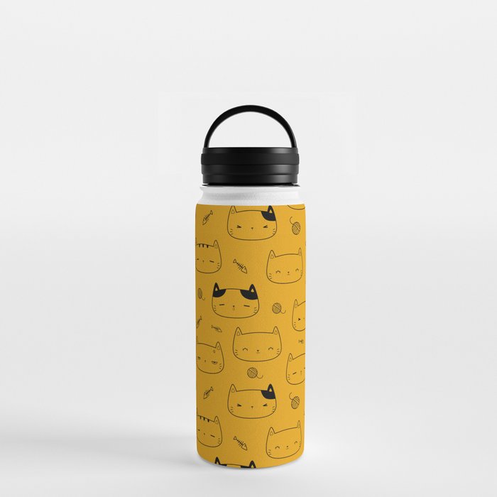 Mustard and Black Doodle Kitten Faces Pattern Water Bottle