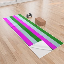 [ Thumbnail: Fuchsia, Green, and Powder Blue Colored Lines/Stripes Pattern Yoga Towel ]