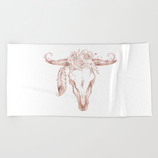 Rose Gold Bull Skull with Pink Feather Flowers Beach Towel