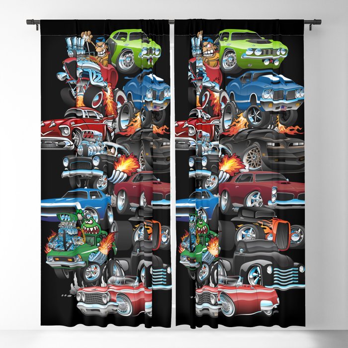 Car Madness! Muscle Cars and Hot Rods Cartoon Blackout Curtain by hobrath