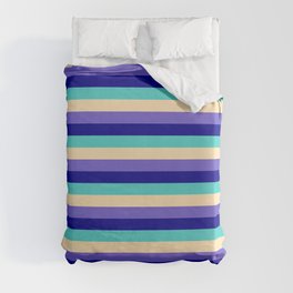 [ Thumbnail: Dark Blue, Turquoise, Beige, and Slate Blue Striped/Lined Pattern Duvet Cover ]