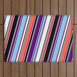[ Thumbnail: Eyecatching Red, Indigo, Mint Cream, Black, and Light Sky Blue Colored Pattern of Stripes Outdoor Rug ]