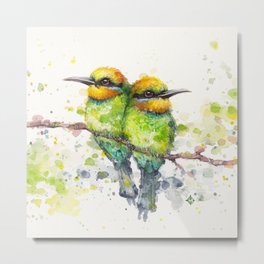 Family (Rainbow Bee Eaters) Metal Print | Illustration, Greenbirds, Cute, Watercolourart, Watercolor, Realism, Branch, Painting, Rainbowbeeeaters, Cutebirds 