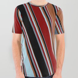[ Thumbnail: Sienna, Light Blue, Dark Red, Light Slate Gray, and Black Colored Pattern of Stripes All Over Graphic Tee ]