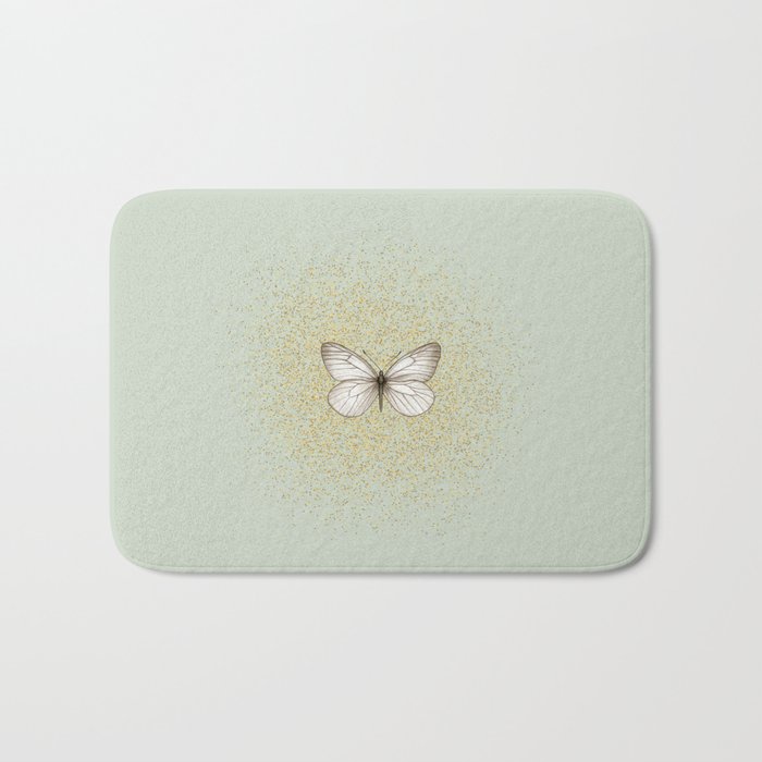 Hand-Drawn Butterfly and Golden Fairy Dust on Apple Green Bath Mat