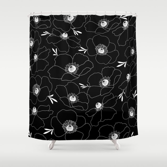 Anemone Flower Pattern on Black Shower Curtain