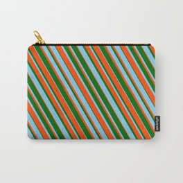 [ Thumbnail: Dark Green, Sky Blue, and Red Colored Striped Pattern Carry-All Pouch ]