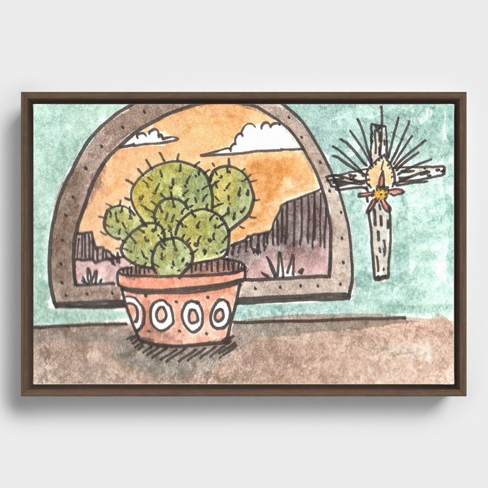 New Mexico Sunset With Cactus & Cross Framed Canvas