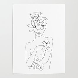 Minimal Line Art Woman with Flowers IV Poster