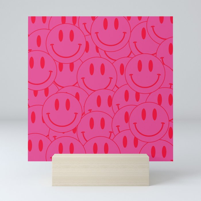 All Smiles -Large Pink and Red Smiley Face Mania - Preppy Aesthetic Mini Art Print