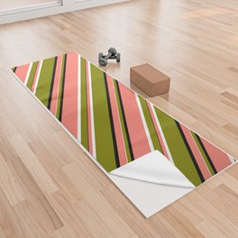 [ Thumbnail: Salmon, Black, Green, and White Colored Lines Pattern Yoga Towel ]