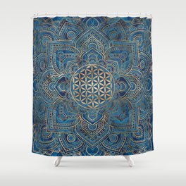 Flower of Life in Lotus Mandala - Blue Marble and Gold Shower Curtain