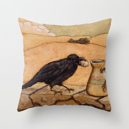 Crow and Pitcher from Aesop's Fables - Necessity is the mother of invention Throw Pillow