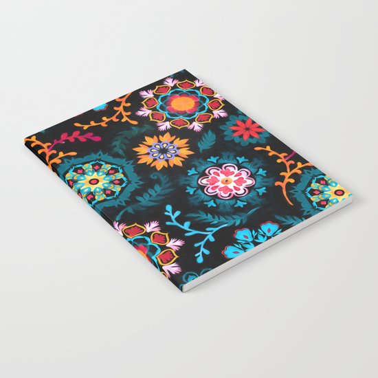 Suzani Inspired Pattern on Black Notebook