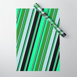 [ Thumbnail: Green, Forest Green, Powder Blue, and Black Colored Striped/Lined Pattern Wrapping Paper ]