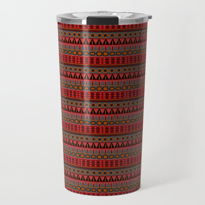 Aztec Tribal Motif Pattern in Red Mustard Salmon and Charcoal Travel Mug