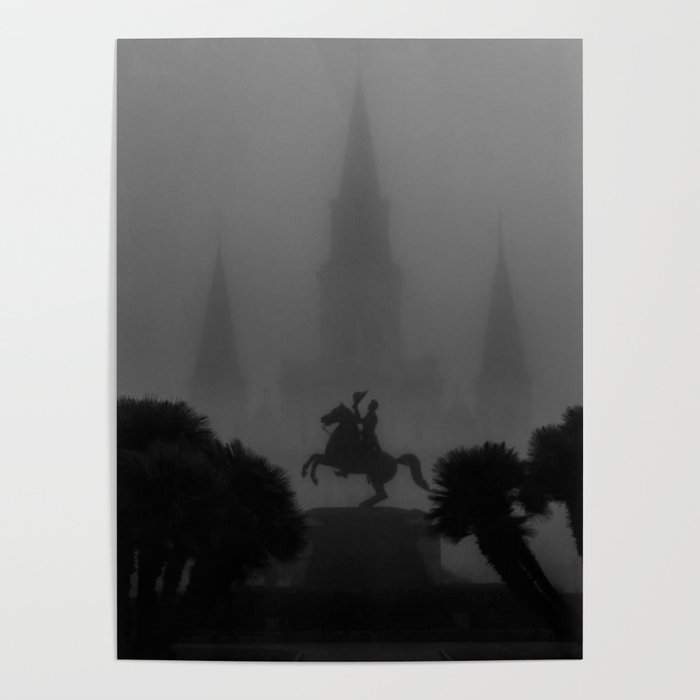 New Orleans, Jackson Square in fog, French Quarter black and white photograph / black and white photography Poster