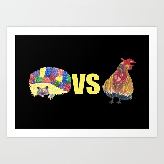 Colorful Hedgehog vs Franklin the Rooster Funny Animal Design Black Background Art Print