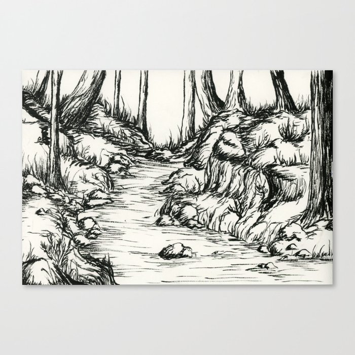 Forest River Brush And Ink Painting Traditional Canvas Print By