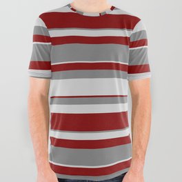 [ Thumbnail: Grey, Light Grey & Maroon Colored Stripes Pattern All Over Graphic Tee ]