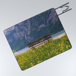 Switzerland Photography - Bench Sitting In The Middle Of A Yellow Flower Field Picnic Blanket