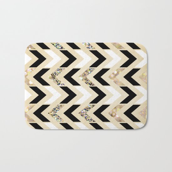 Black, White & Gold Glitter Herringbone Chevron on Nude Cream Bath Mat