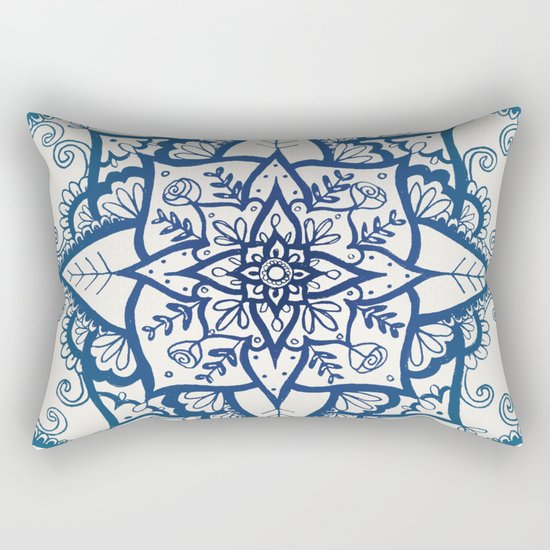 Blue Floral Pattern on Cream Rectangular Pillow