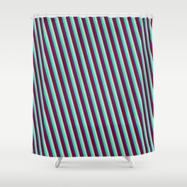 [ Thumbnail: Light Blue, Green, Purple & Dark Red Colored Pattern of Stripes Shower Curtain ]