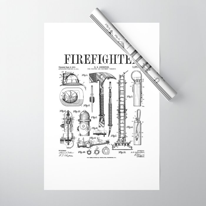 Firefighter Fire Department Fireman Vintage Patent Print Wrapping Paper