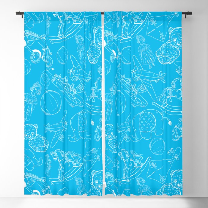 Turquoise and White Toys Outline Pattern Blackout Curtain