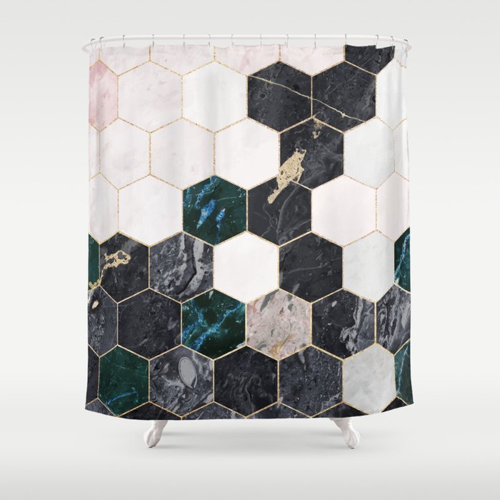 Hexagon Green Marble Honeycomb Mosaic Shower Curtain