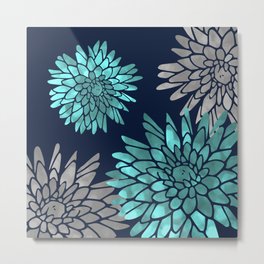 Floral Chrysanthemum Modern Navy Aqua Metal Print