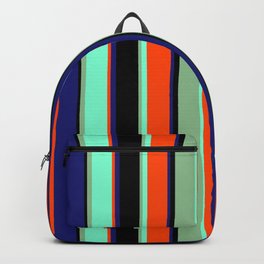 [ Thumbnail: Vibrant Black, Dark Sea Green, Aquamarine, Red, and Midnight Blue Colored Pattern of Stripes Backpack ]