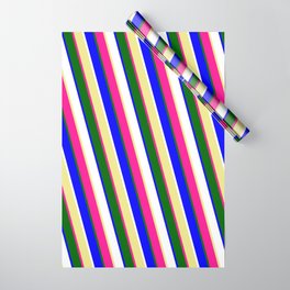 [ Thumbnail: Eye-catching Tan, Deep Pink, Dark Green, Blue, and White Colored Stripes Pattern Wrapping Paper ]