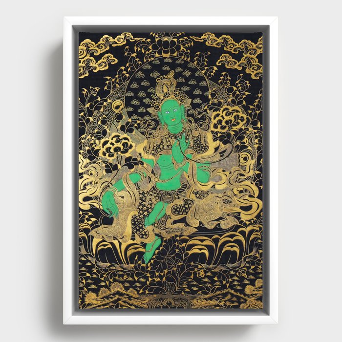 Green Tara Thangka, Buddhist Art Framed Canvas