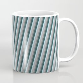 [ Thumbnail: Grey, Dark Slate Gray, Light Blue & Dark Grey Colored Striped/Lined Pattern Coffee Mug ]