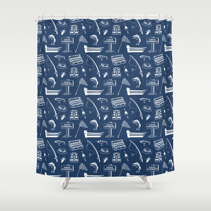 Gone Fishing // Navy Blue Shower Curtain