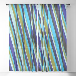 [ Thumbnail: Eyecatching Deep Sky Blue, Green, Turquoise, Dark Blue, and Black Colored Pattern of Stripes Sheer Curtain ]