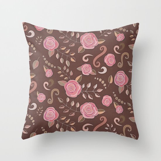 Coffee Roses - vintage rose pattern in pink and brown Throw Pillow