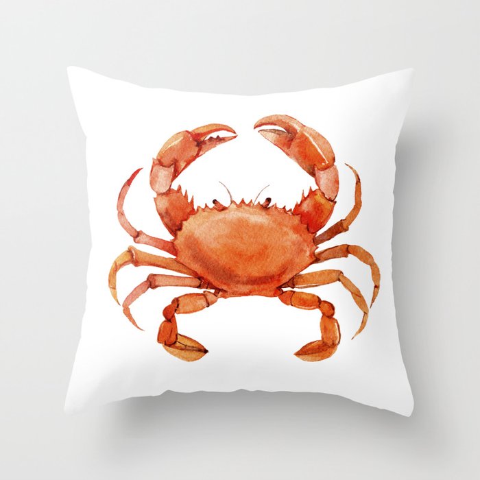 Watercolor Red Crab on White Minimalist Coastal Art - Treasures of the Sea Collection Throw Pillow