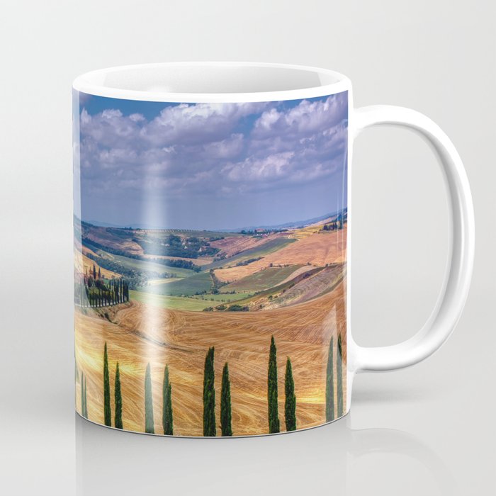 Cypress trees and meadow with typical tuscan house Coffee Mug