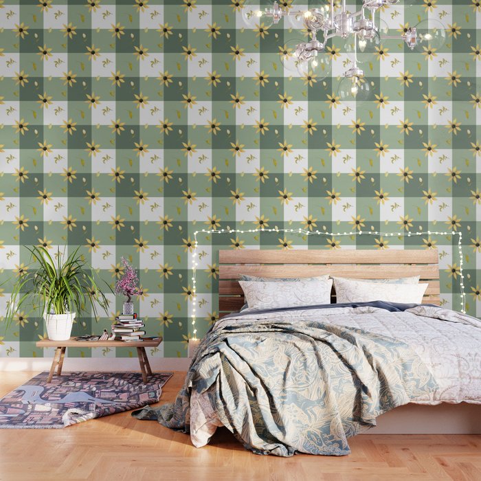 Yellow floral meadow on sage green gingham pattern Wallpaper