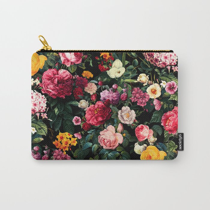 Floral D - Red, Pink, Yellow, Green, Black Baroque Floral Blossom Carry-All Pouch
